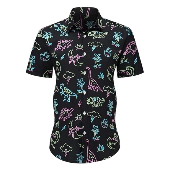 Mens Hawaiian Shirt Funny Button Polo Shirt Short Sleeve Casual Print Lightweight Collar Spring Top Black L