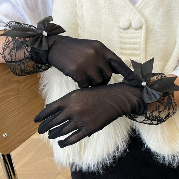 Women Lace Gloves Party Wedding Tea Party Gloves Black Bow Short Gloves for Opera Evening Bridal Elegant Accessories