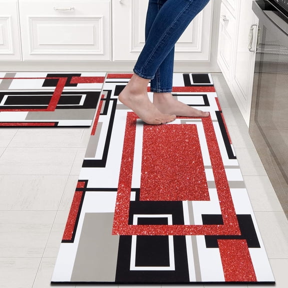 Anti Fatigue Kitchen Mats Set of 2, Non Slip Cushioned Kitchen Rug Sets, Washable Geometric Square Kitchen Runner Rugs for Home Office Laundry, 17'' x 47''   17'' x 30'' Abstract Art Patchwork