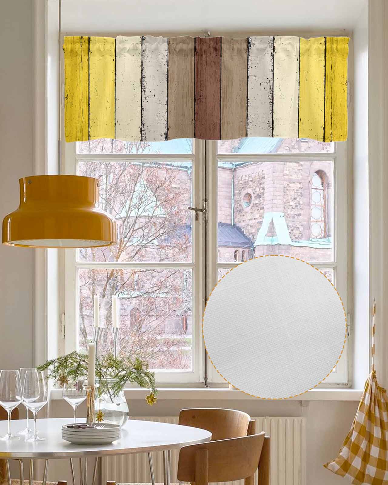 Yellow Brown Kitchen Valances for Windows Farmhouse Linen Window Valance Curtain for Living Room Window Treatment Farmhouse Wood Grain Vintage Striped Valance Rod Pocket Topper Drape, 60 x 18 Inch