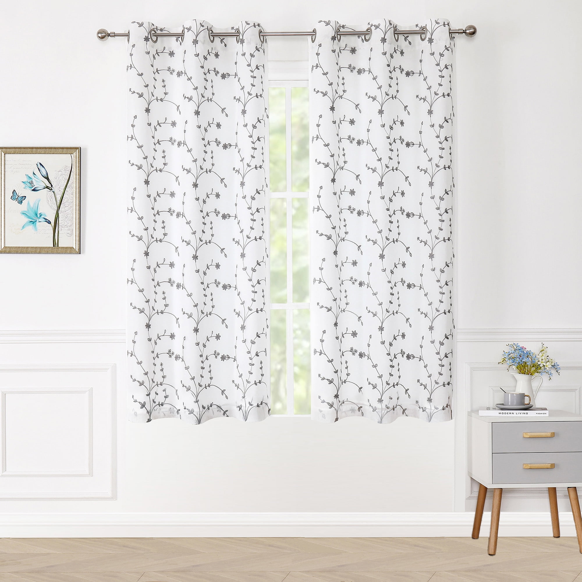 Pinewave Double Layers Sheer Curtains for Living Room White -Grey Embroidery Flowers,Grommet Top Drapes 38"Wx54"L,2Pcs