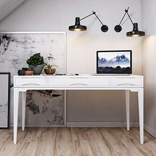 SIMPLIHOME Harper SOLID WOOD Mid Century Modern 60 inch Wide Home Office Desk, Writing Table, Workstation, Study Table Furniture in White with 2 Drawerss