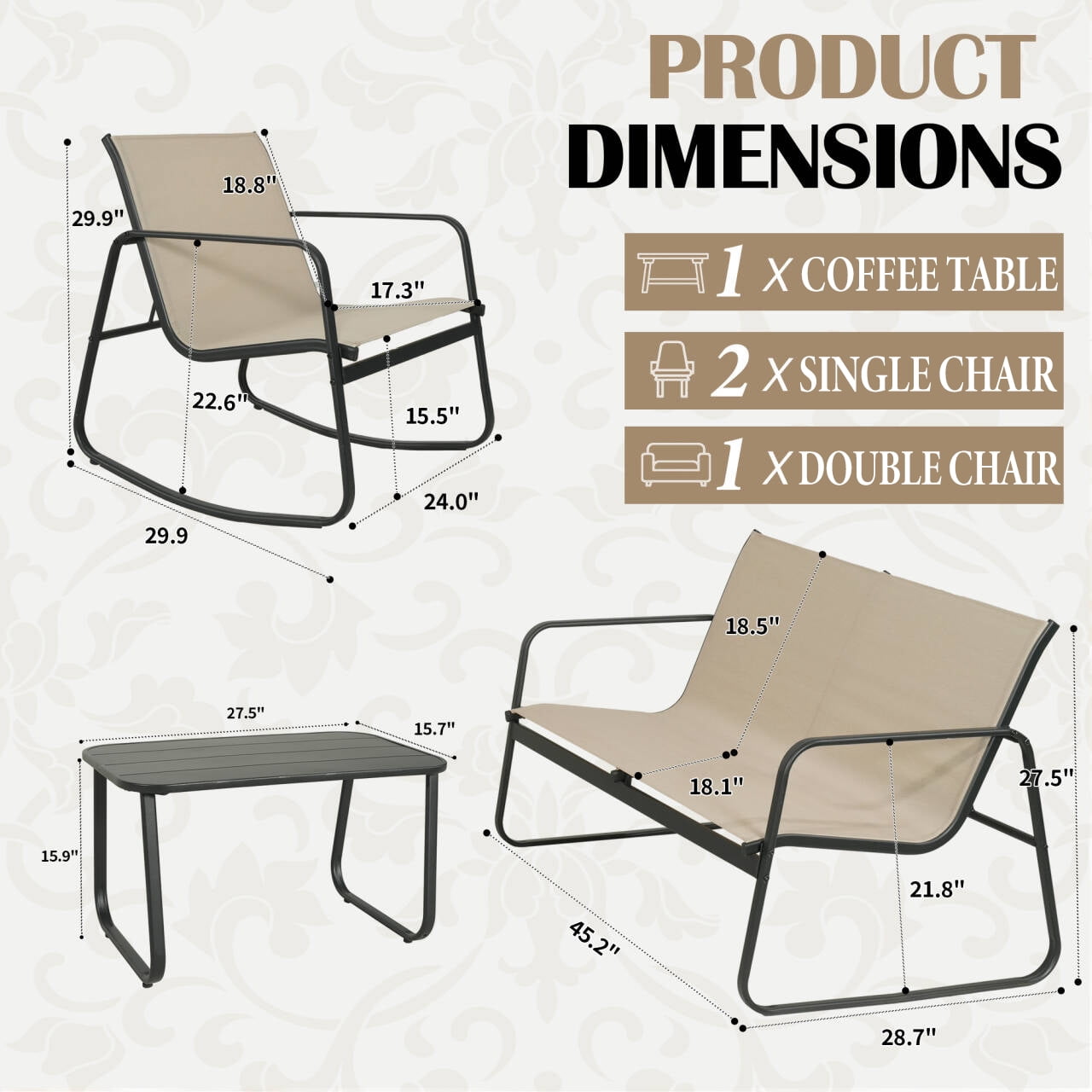 4-Piece Patio Furniture Set, Textilene Outdoor Conversation Set with 2 Rocking Chairs and Coffee Table (Gray)