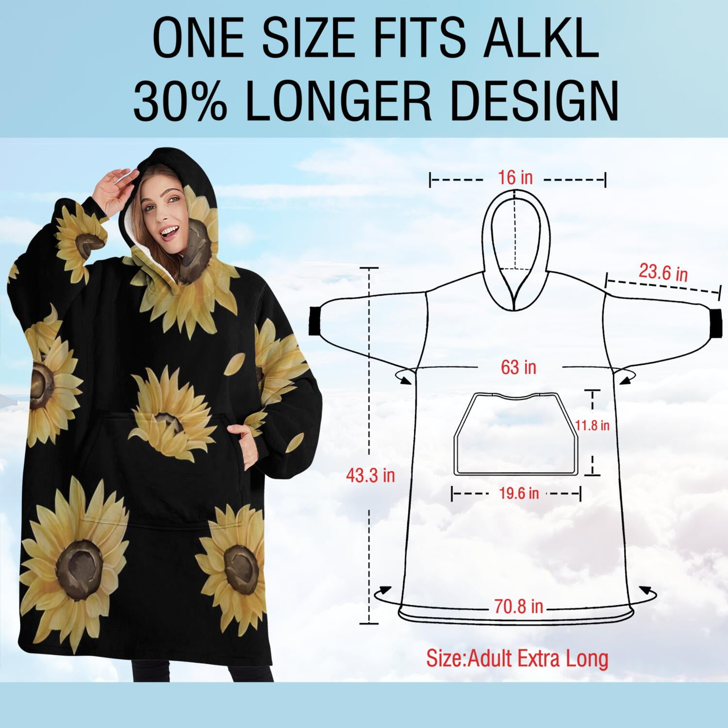 Oversized Wearable Blanket Hoodie,Black Yellow Sunflower Pattern Sherpa Blanket Hoodie with Super Pockets,Super Warm Fuzzy Pullover for Women & Men