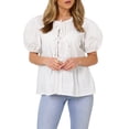 thumbnail image 2 of Elippeo Women’s Tie Front Tops Puff Sleeve Round Neck Stripes/Solid Color Loose Shirts Spring Fall Blouses, 2 of 8