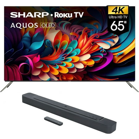 SHARP 4T-C65FS1UR 65 Inch AQUOS OLED 4K Ultra HD with Dolby Audio Roku TV and a JBL BAR-300 5.0ch Soundbar with MultiBeam Sound and Dolby Atmos (2024)