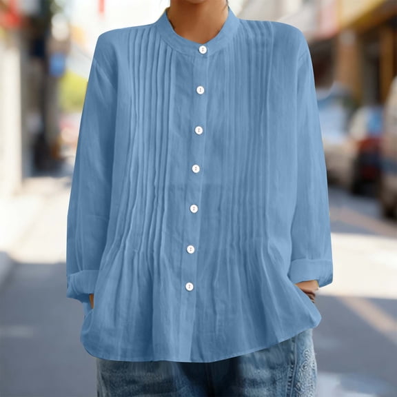 Gamivast Linen Shirt Women Loose Button Down Long Sleeve Stand Collar Pleated Blouses Holiday Beach Solid Tops Summer Going out outfits 2026