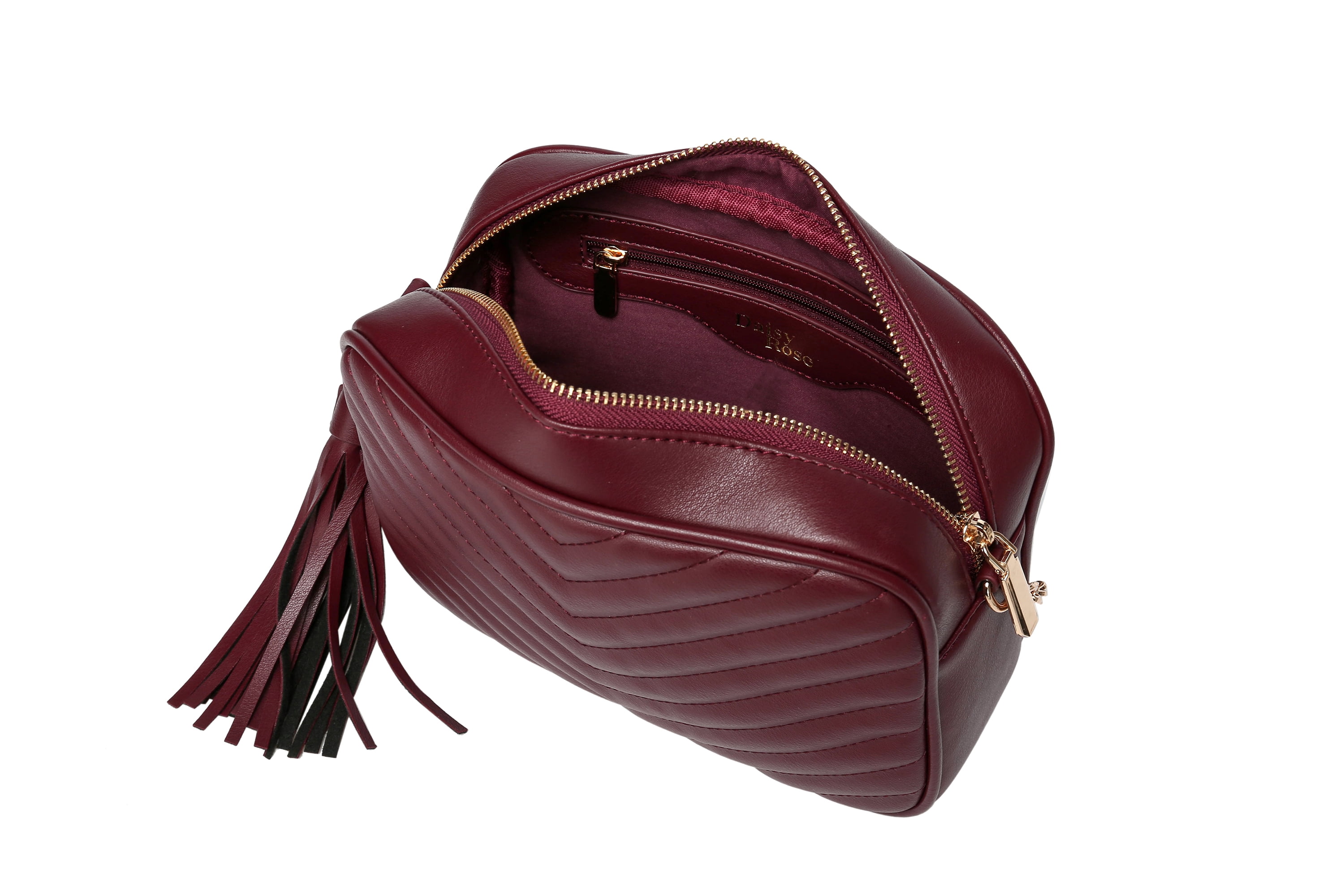 Daisy Rose Quilted Shoulder Cross body bag for Women with tassel - PU Vegan Leather - Burgundy
