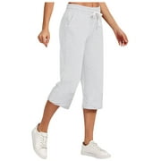 Mrat Ladies Capris Elastic Waist Capris for Women Printed Straight Cropped Pants Pull on Drawstring Cargo Capris for Women with Pockets Workout Sweatpants Sports Pants White_BB L