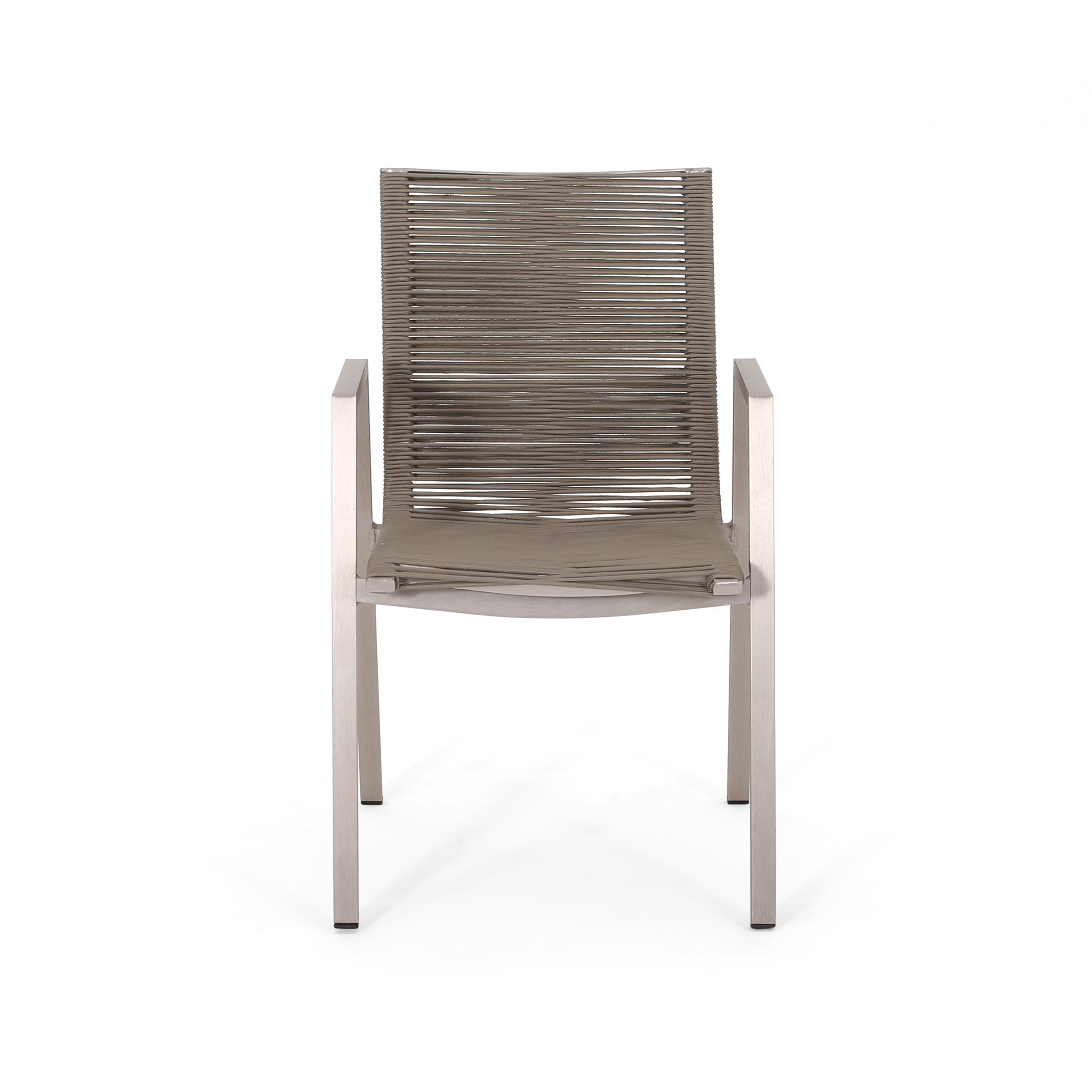Outdoor Rope Surface Dining Chair Set of 2, Aluminum Frame Household Seats for Patio Garden, Silver and Taupe