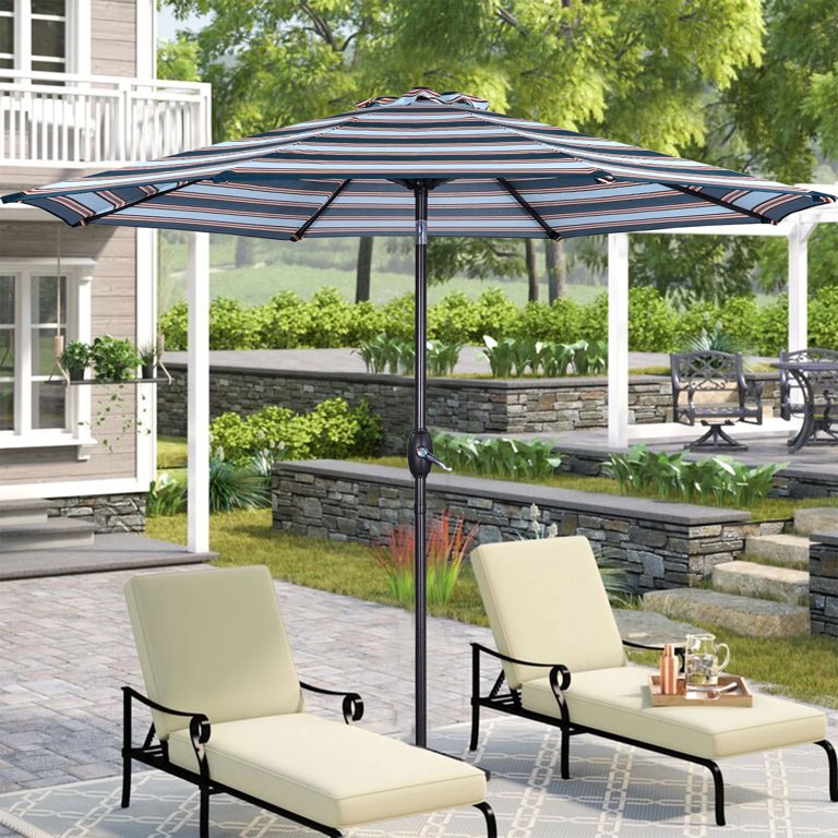 7.5 striped patio umbrella Blissun ft Umbrella, Yard Umbrella, Outdoor Market with Push Button Tilt Crank (Blue&White) : Patio, Lawn & Garden Owners can simply crank open their umbrella and push a button to tilt canopy towards the sun Striped Outdoor Beach Market Umbrella