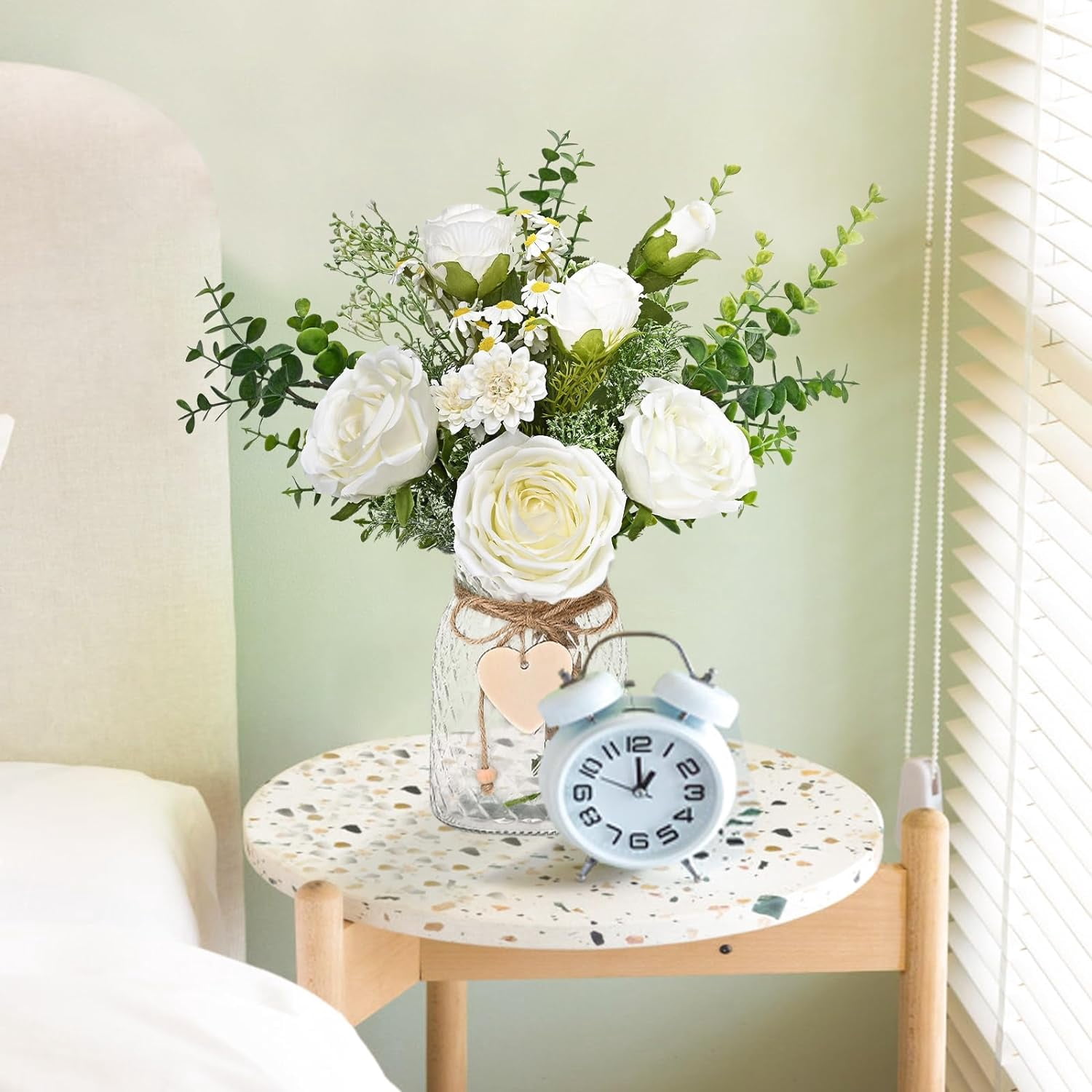Faux Flowers in Vase, Fake Flowers with Vase, Silk Roses in Vase Faux Flower Arrangements in Vase Floral Centerpieces for Dining Room Table Living Room Office Kitchen Bathroom