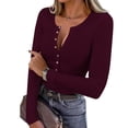 thumbnail image 2 of Olyvenn Women's Long Sleeve Shirts Casual Button up Square Neck Tops Slim Fit Rib Knit Basic Tee 2026 Spring Summer Clothes Wine S, 2 of 9