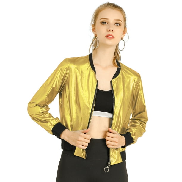 Disfraz De Halloween PaMujer, Brillante, Holográfico, Brillante, Metálico, Ligero, Brillante, ChaqueDe Bombardero Oro S