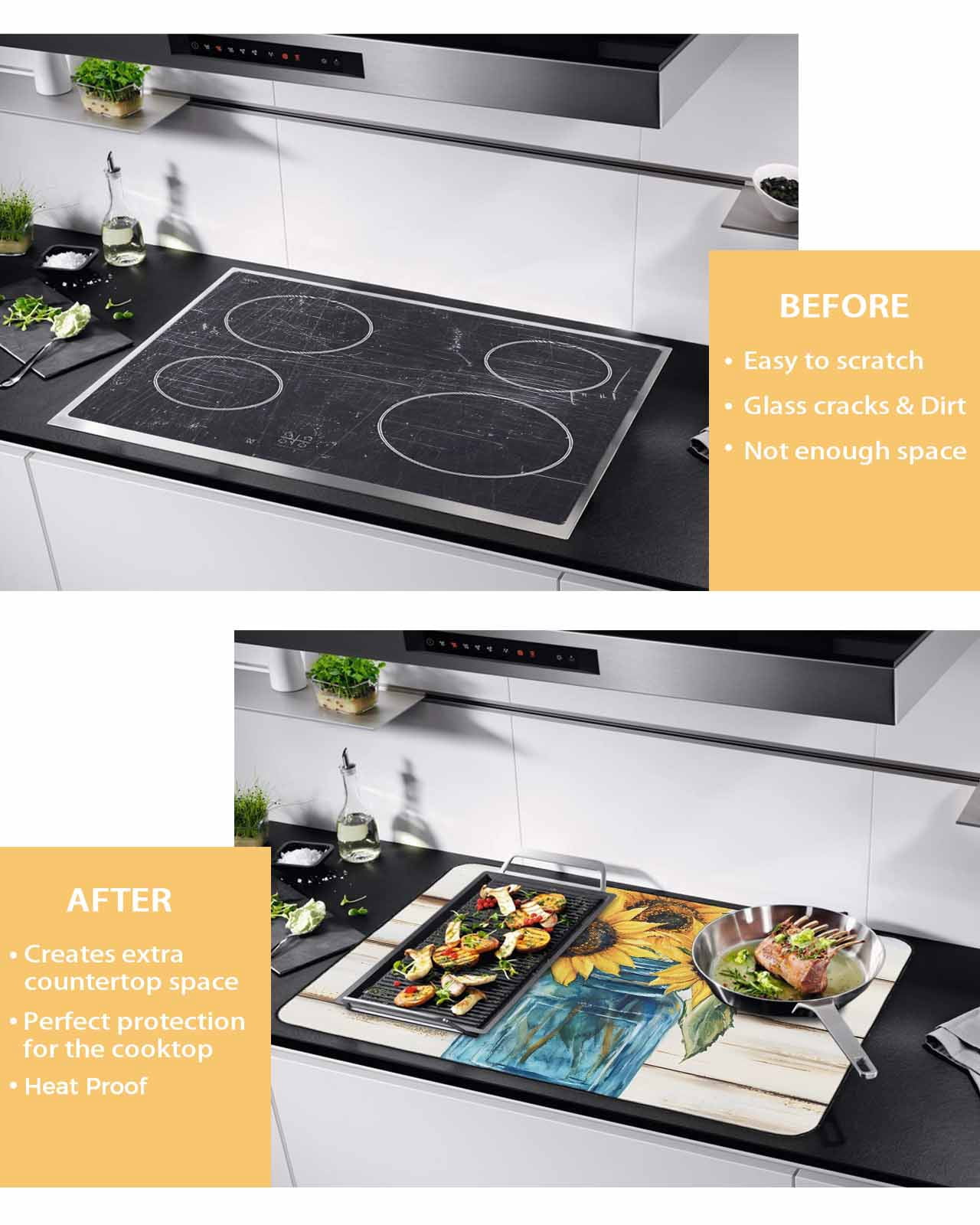nqOlkjepod Large Induction Cooktop Protector Mat 24"x21", Sunflower Stove Top Covers for Electric Stove, Blue Bottle Yellow Floral Country Woodgrain Stove Burner Cover Mats, Glass Top Stove Cover