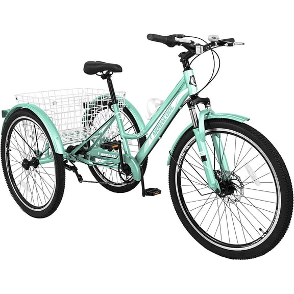 FICISOG 24" Adult Mountain Tricycle, 3 Wheeled 7-Speed Mountain Tricycle Cruiser Bike with Basket,Unisex