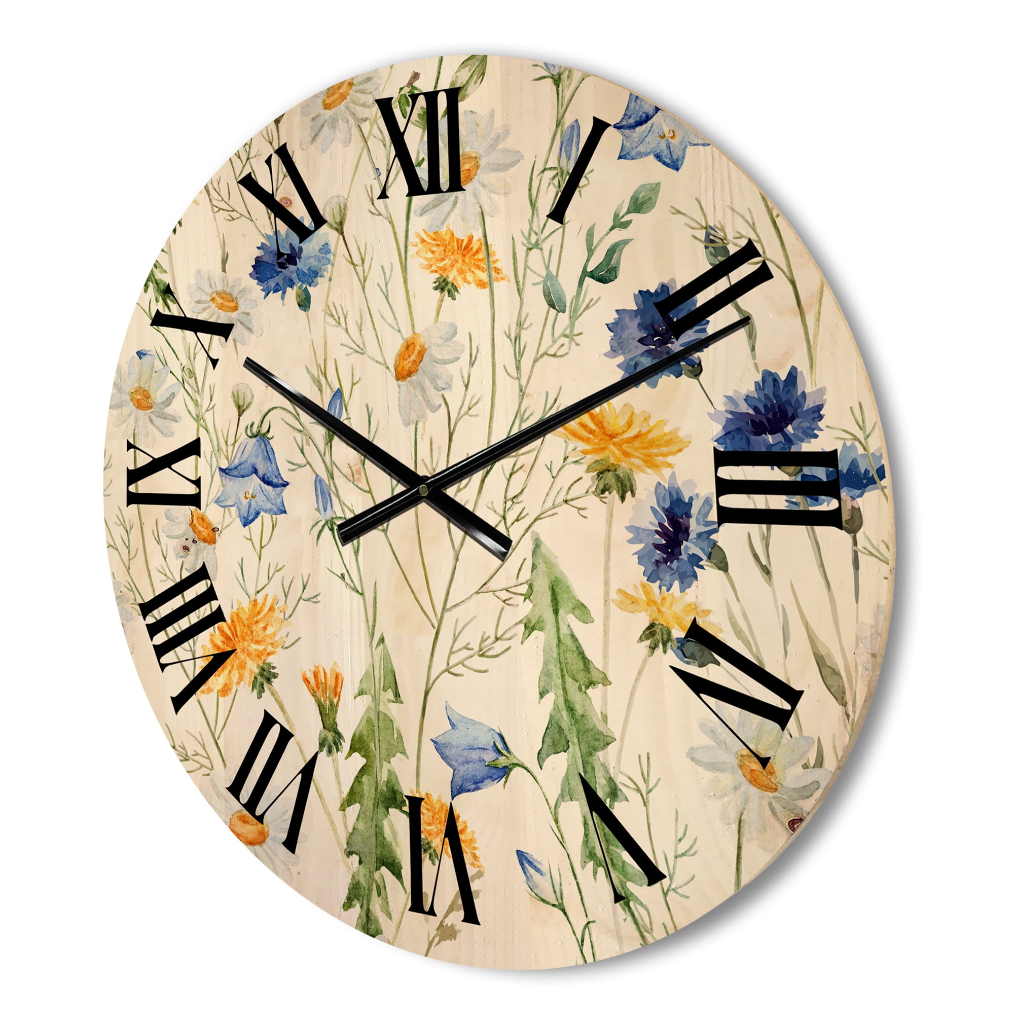 Designart 'Wildflowers Clover Bell and Chamomile II' Traditional Wood Wall Clock