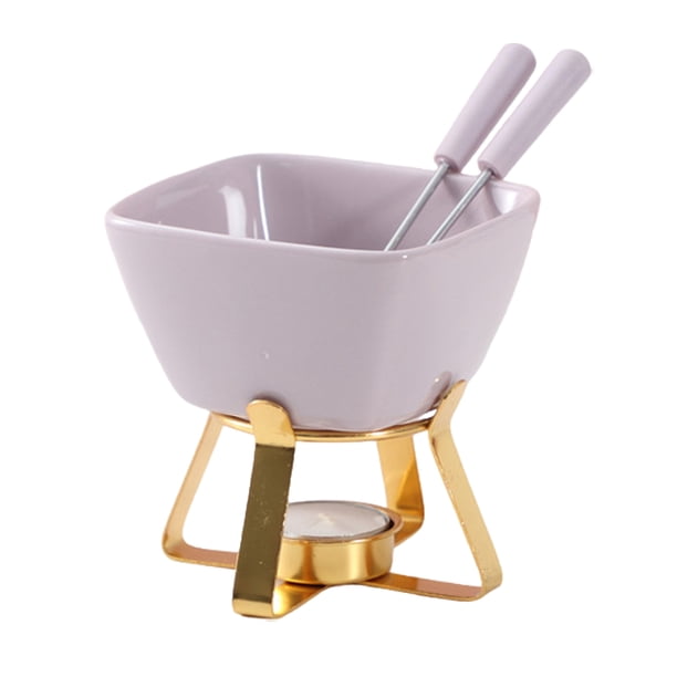 Bewildely Juego de fondue con base para olla caliente, taza de cerámica para queso y chocolate, 2 tenedores. Juego de chocolate y queso. Cocina y Comedor morado+dorado