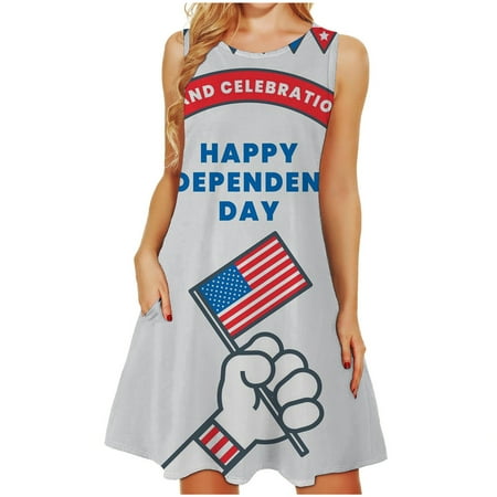 

Hvyesh Summer Dresses for Women 2023 Casual Patriotic Long Dress Red White and Blue Print Crew Neck Sundresses Short Sleeve Flowy Dresses Gray