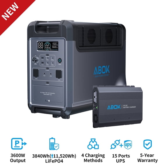 ABOK Ark3600 Hurricane Evacuation Kit – 3600W 3840Wh LiFePO4 Power Station with 500W DCDC Car Fast Charger, Recharges While You Drive