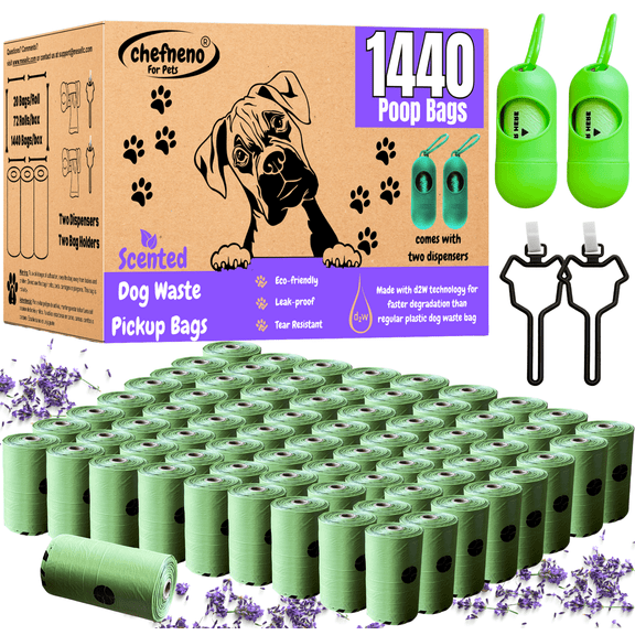 Doggy Poop Bags with Dispenser (1440 Bags) Eco-friendly Dog Waste Pickup Bags Landfill-friendly Refill Rolls Cat Waste Bags (Green, 72 Rolls, Lavender Scented)