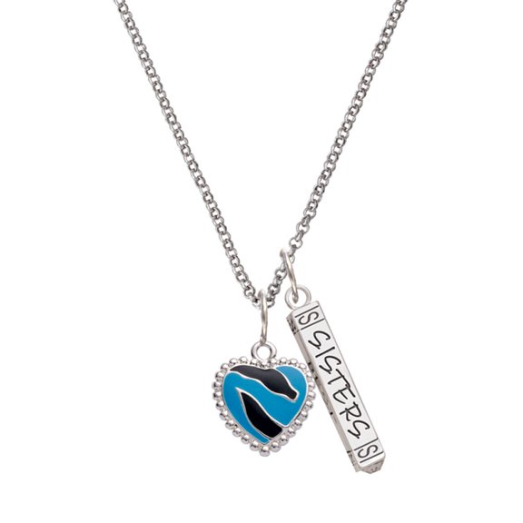 Delight Jewelry Silvertone Hot Blue Zebra Print Heart Silvertone Sisters Best Friends Forever Bar Charm Necklace, 23"