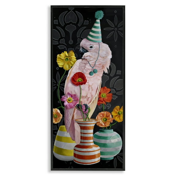 Stupell Industries Cockatoo & Striped Vases Animals Painting Black Framed Art Print Wall Art, 10 x 24