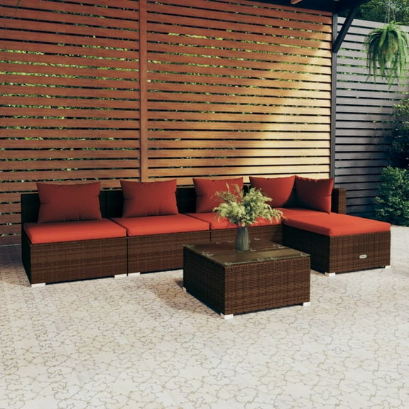 vidaXL 6 Piece Patio Lounge Set with Cushions Poly Rattan Brown, 3101635