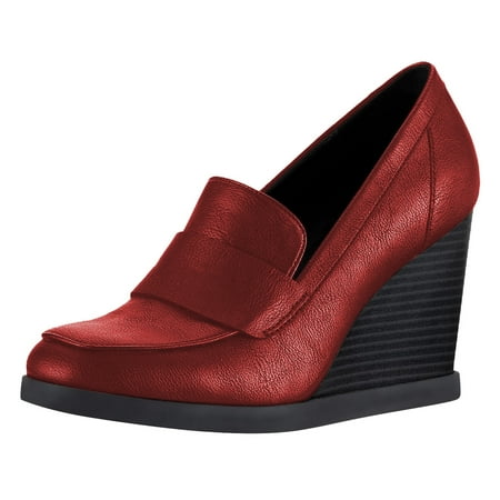 YDN Women Dressy Loafers Pumps Square Closed Toe Slip On Wedge High Heels Shoes Shopping Daily Wear Size 9.5 Red