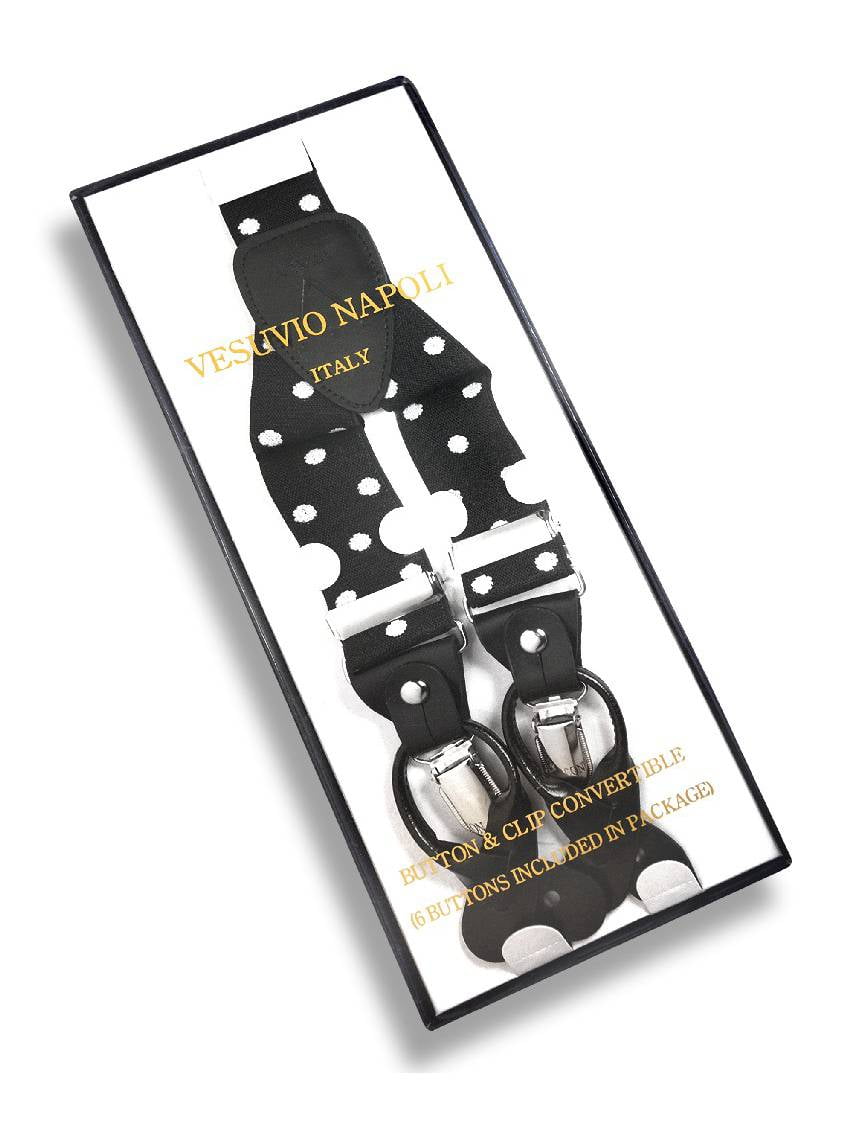 New in box Men's Suspender Black white dots elastic braces clips buttons 