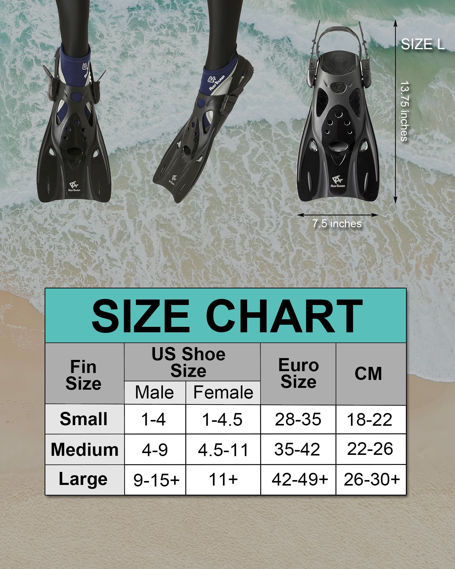 Reef Tourer Snorkel Fins for Kids and Adults, Adjustable Open Heel, Compact Short Blade Swimming Snorkeling Flippers, Travel Size, RF0106P, Black, Large
