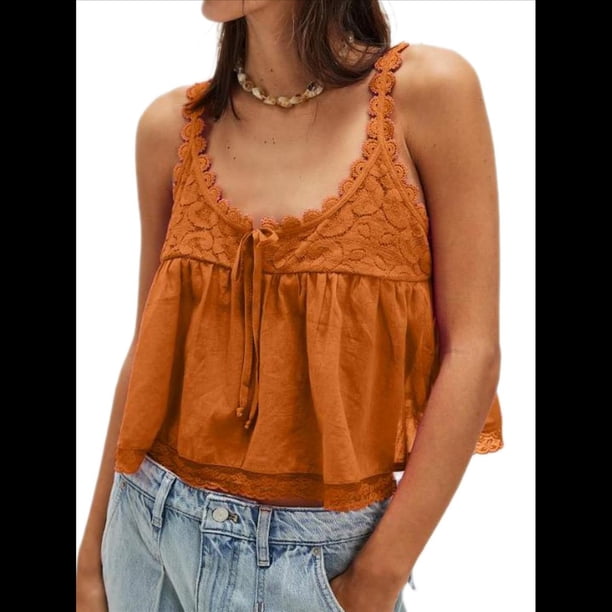 Camiseta Sin Mangas con Ribete de Encaje para Mujer, Estilo Y2K, con Lazo Frontal, Semitransparente, , Sin Mangas, con Cuello Redondo y Holgada. Marrón M