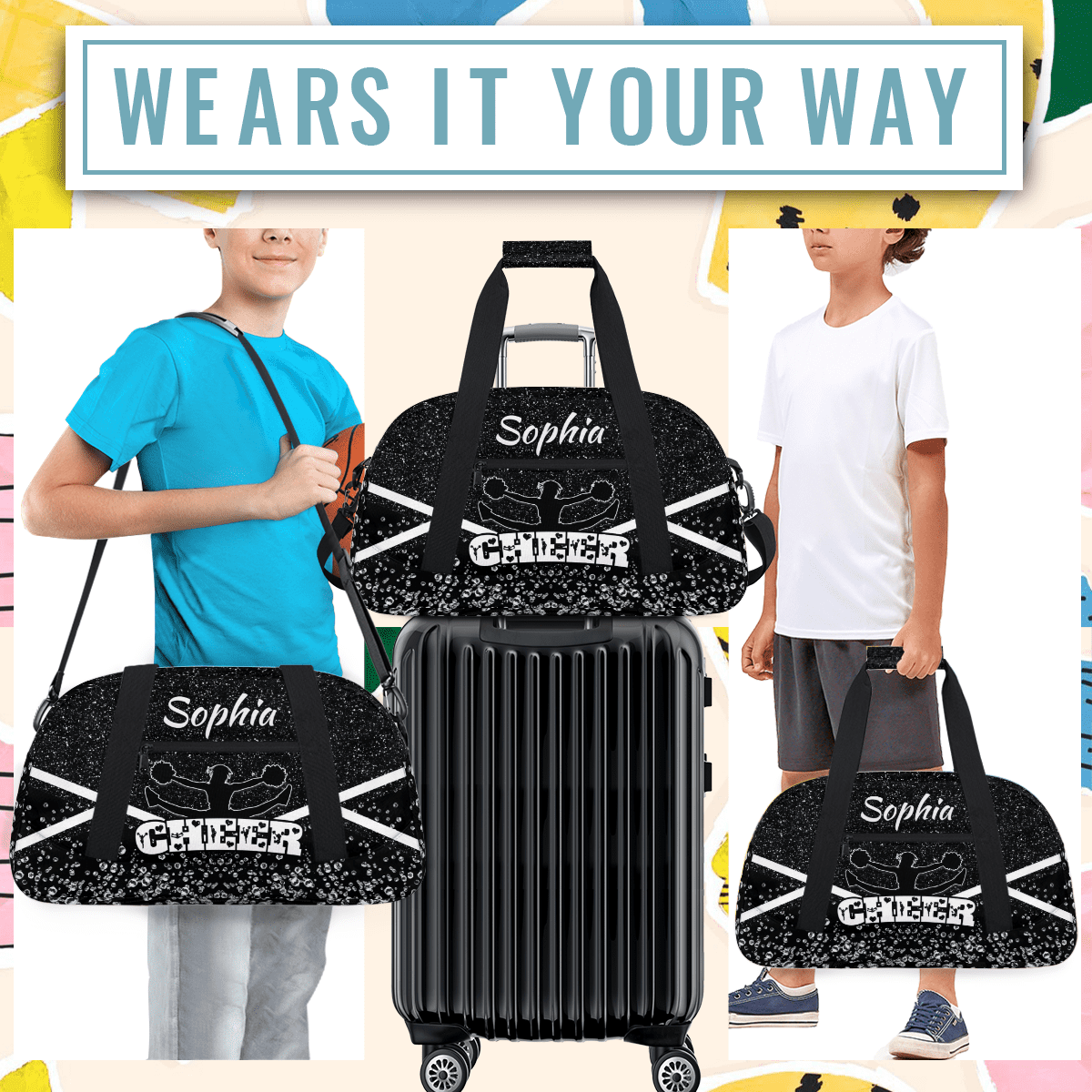Jiaoprinted Personalized Cheerleader Bag Dance Bag, Custom Sport Gym Bag with Name, Customized Travel Duffel Bag for Cheer Team, Black Glitter