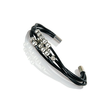 Eye Catching Women Leather Bracelet Silver Color Beads Cuff Jewelry with Magnetic Clasp 7.5