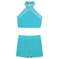 thumbnail image 3 of Yeahdor Kids Girls 2Pcs Gymnastics Dance Outfits Shiny Halter Crop Top with Booty Shorts Activewear Blue Green 10, 3 of 7