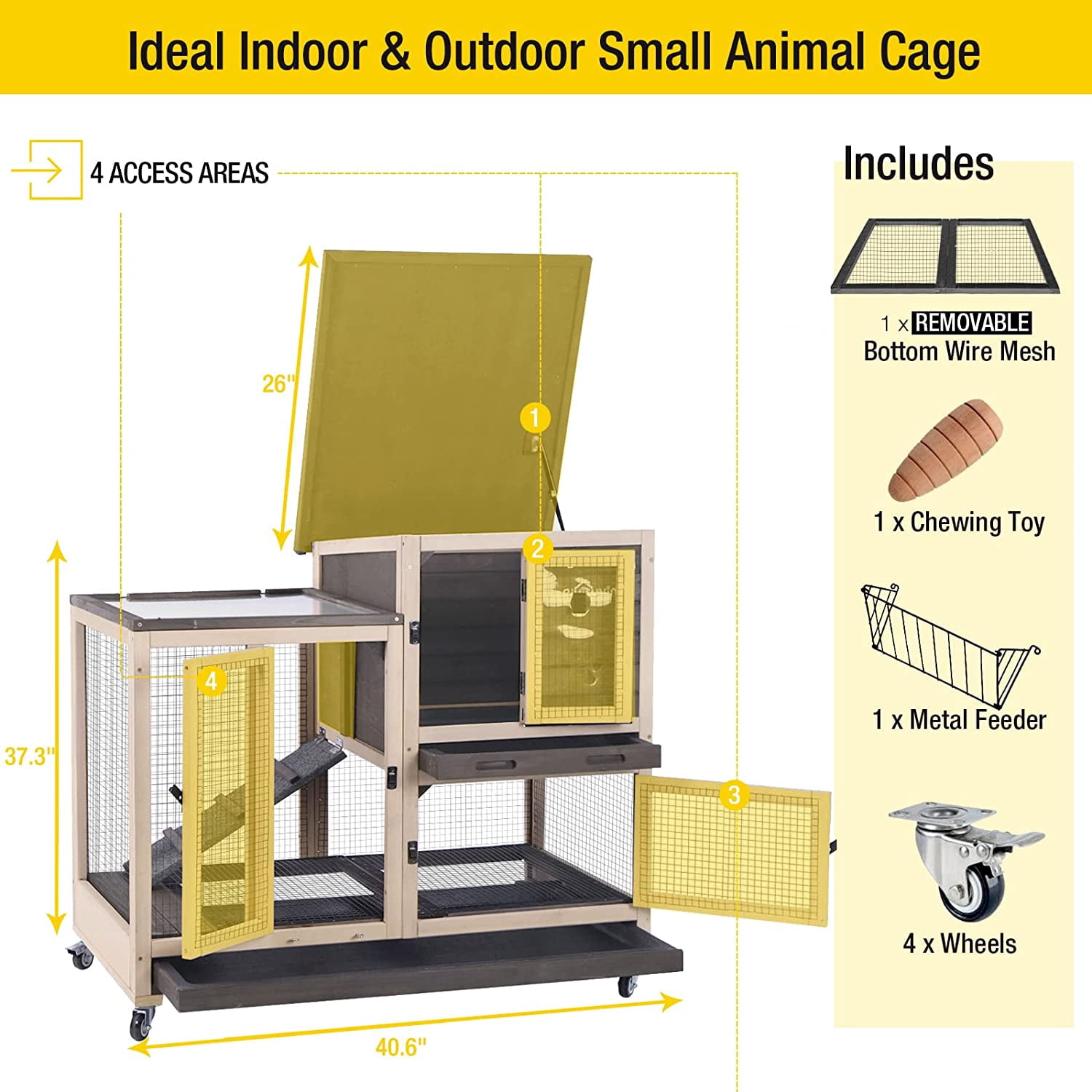 Upgrade Rabbit Cage Indoor Bunny Hutch with Run with Two Deeper No Leak Trays - 4 Casters Include for Outdoor (Coffee)