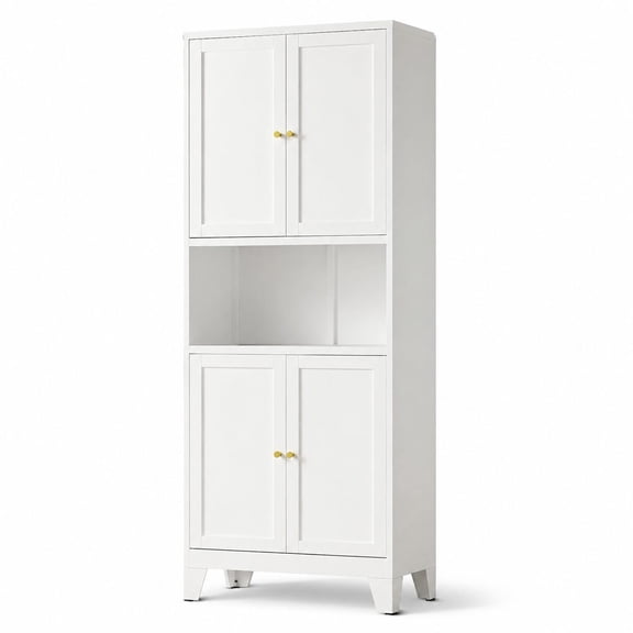 White Metal Tall Pantry Storage Cabinet, 69-Inch Freestanding Cupboard with 4 Doors, 3 Adjustable Shelves and Microwave Stand for Dining Room, Living Room, Kitchen