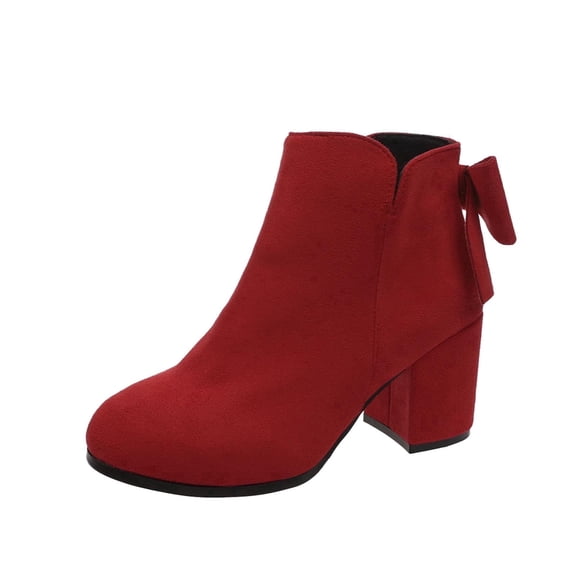 Xfvqtps Womens Fashion Boots Winter Bow Detail Ankle Booties Chunky Heel Side Zipper Round Toe Casual Comfort Boots for Outdoor Indoor