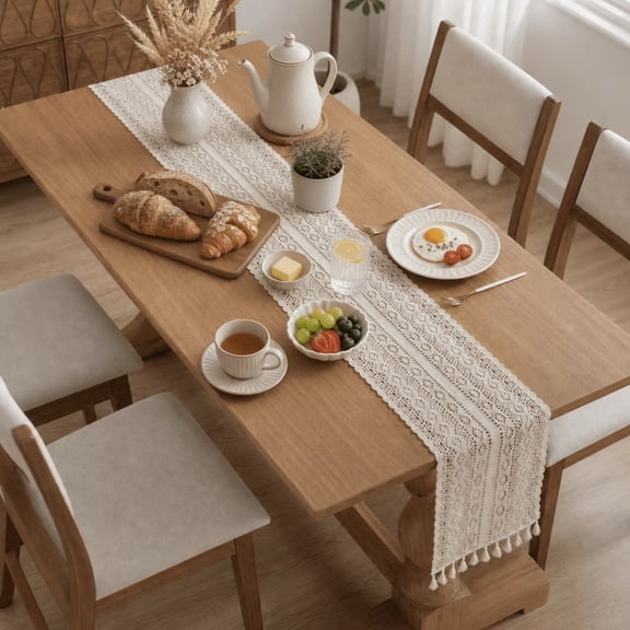 JOWBOOW Cotton Macrame Table Runner 1 Pack 12x78 in Beige