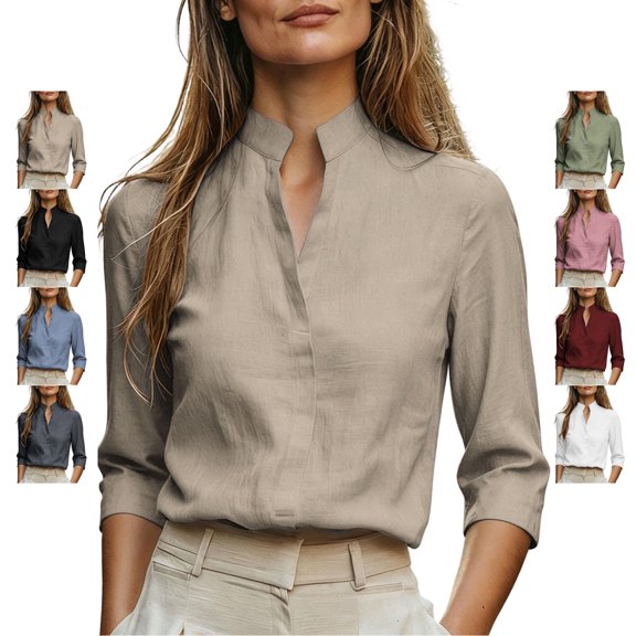 TGSLY Split Mock Neck Linen Tops for Women Lightweight Thin 3/4 Sleeve Work Shirts Relaxed Fit Dressy Casual Solid Color Blouses XL