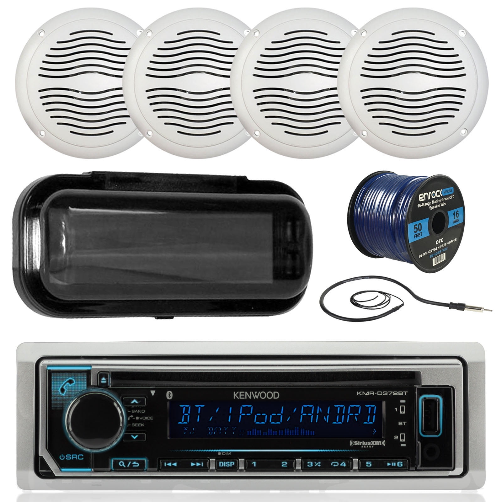 Kenwood KMRD372BT In-Dash Audio Bluetooth CD Player Receiver Bundle Combo W/ Waterproof Shield Cover + 4x 5
