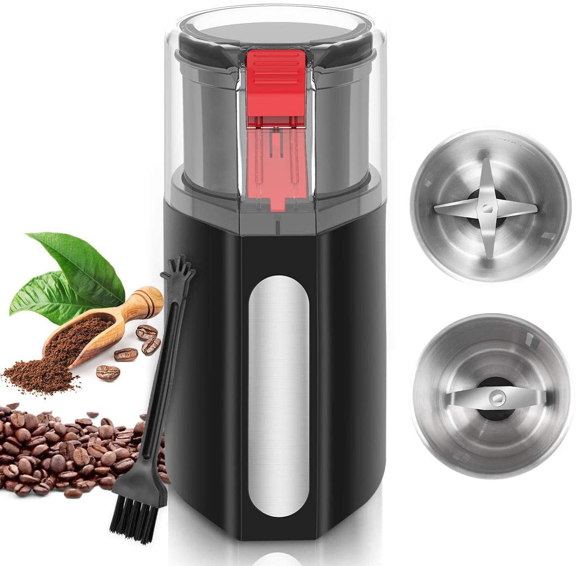 200W Spice Grinder Electric Coffee Grinder 4 Lines of Secutity Protection Cleaning Brush Nut Grinder for Spices and Seeds with 2 Removable 316 Stainless Steel Cups Coffee Grinder