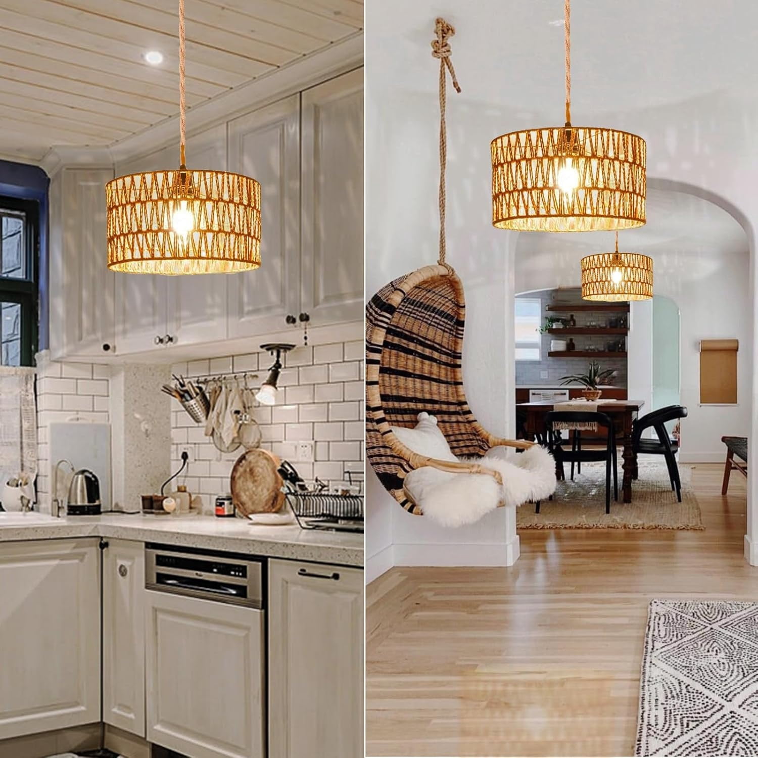 Hanging Lamps Rattan Pendant Light Hanging Lights 16.4ft Plug in Cord Pendant Light Fixture Plug Into Wall Outlet Pendant Lighting with On Off Switch for Bedroom Living (Cylindrical Shade)