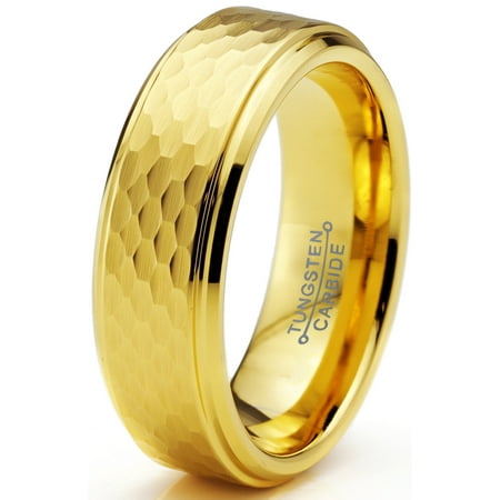 - Tungsten Wedding Band Ring 6mm for Men Women Comfort Fit Hammerd 18K Yellow Gold Plated Step Beveled Edge Brushed Polished Lifetime Guarantee