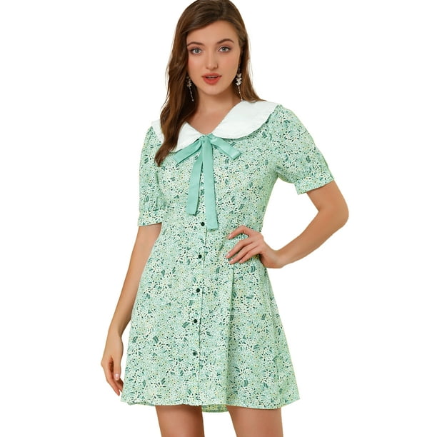 Vestido Camisero De Manga Corta Entallado Y Acampanado Con Cuello En Contraste Y Volantes Con Pajarita Y Cuello En Contraste Para Mujer Verde XL