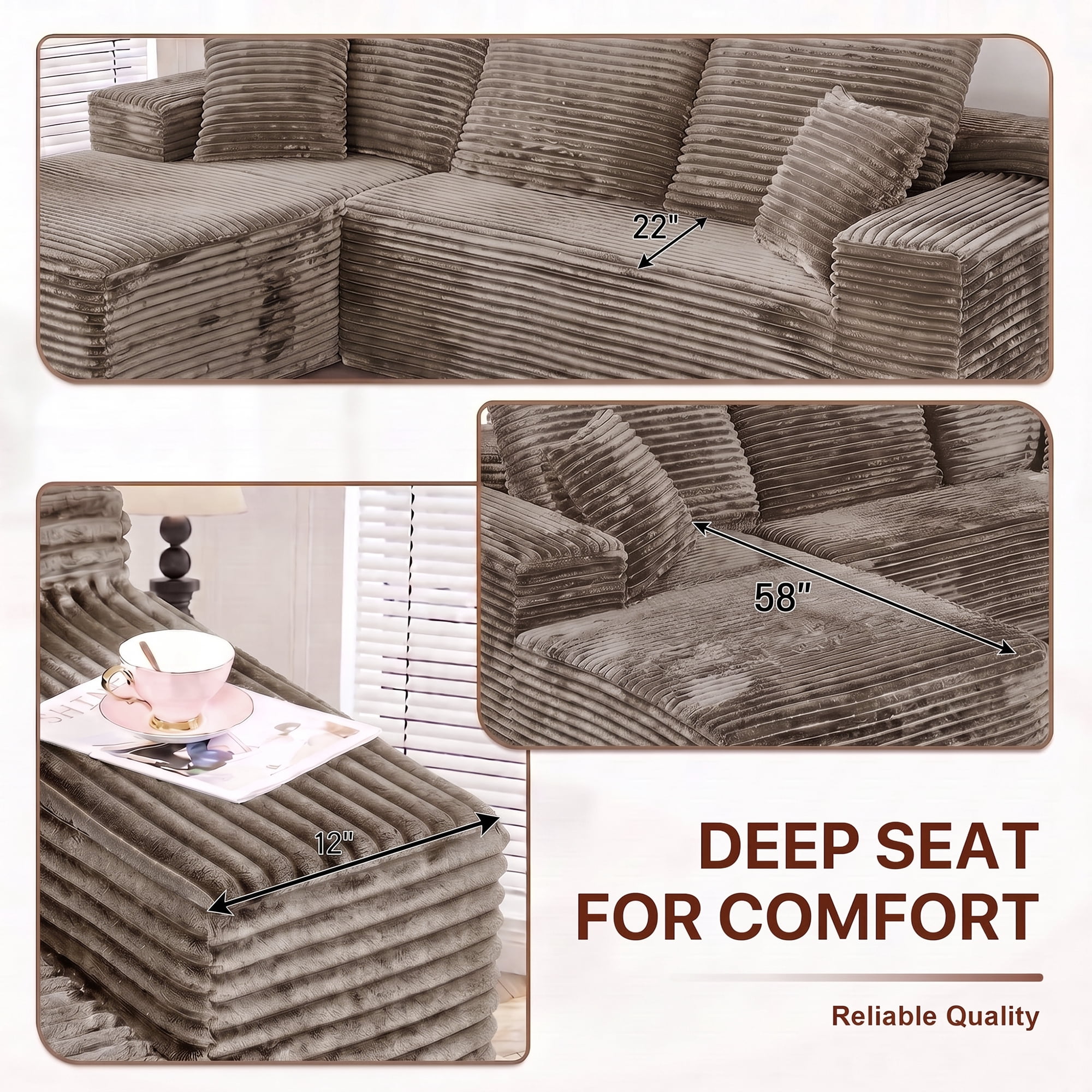 Aukfa 108" Cloud Sectional Sofa Deep Seat Boneless Couch Modular L-Shaped Couch, Left Chaise Corduroy Sofa for Living Room, Brown