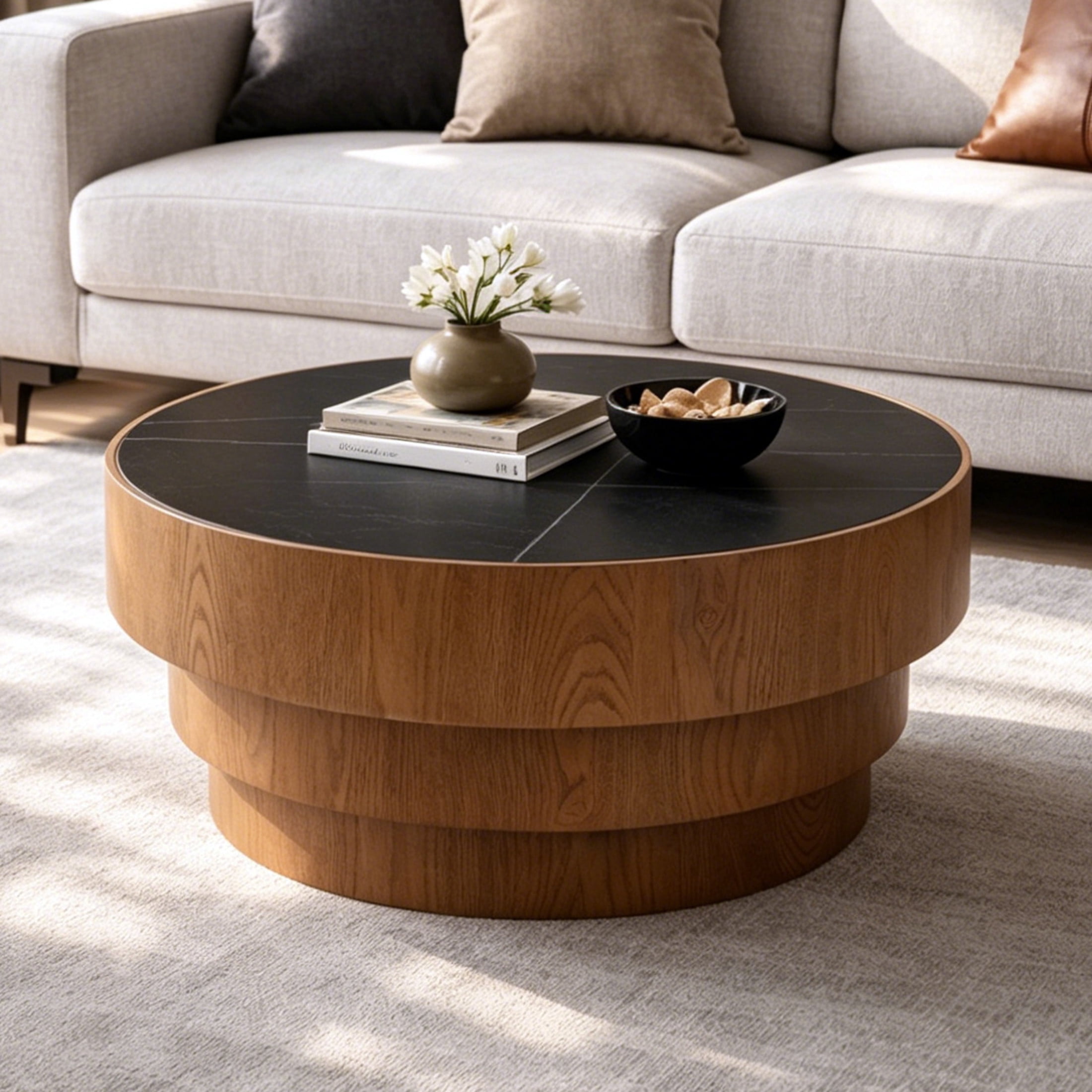 Noble House Carlen 31.5" Round Sintered Stone Coffee Table with Tiered Wood Veneer Base for Living Room, Black & Walnut