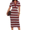 thumbnail image 2 of Women'S Lapel Collar Striped Short Sleeve Slim Bodycon Midi Dress Burgundy Tricolor M, 2 of 6