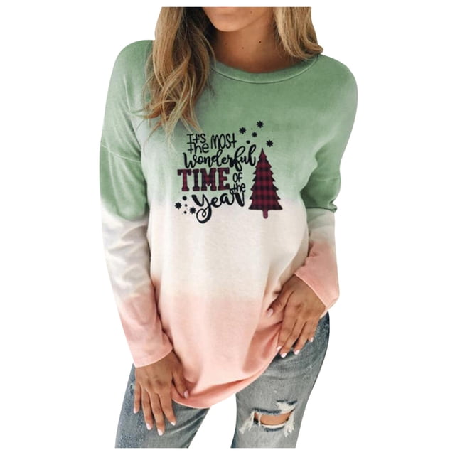 Femmes Col Rond Ample Manches Longues Hauts Blouse Dégradé Chandail