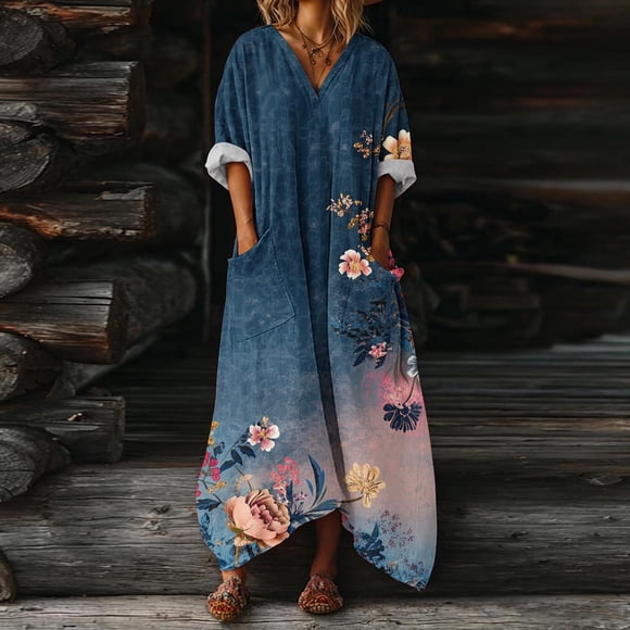 Elvqul Dress for Women Pocket Maxi Dress Summer Asymmetrical Boho Pullover 3/4 Sleeve Womens Tank Dress V-Neck